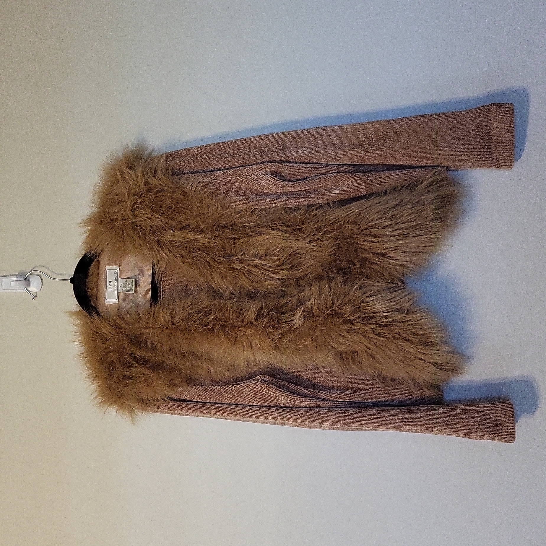 Retro Lisa International Brown Faux Fur Long Sleeve Cardigan Tan Eye Hook Xl